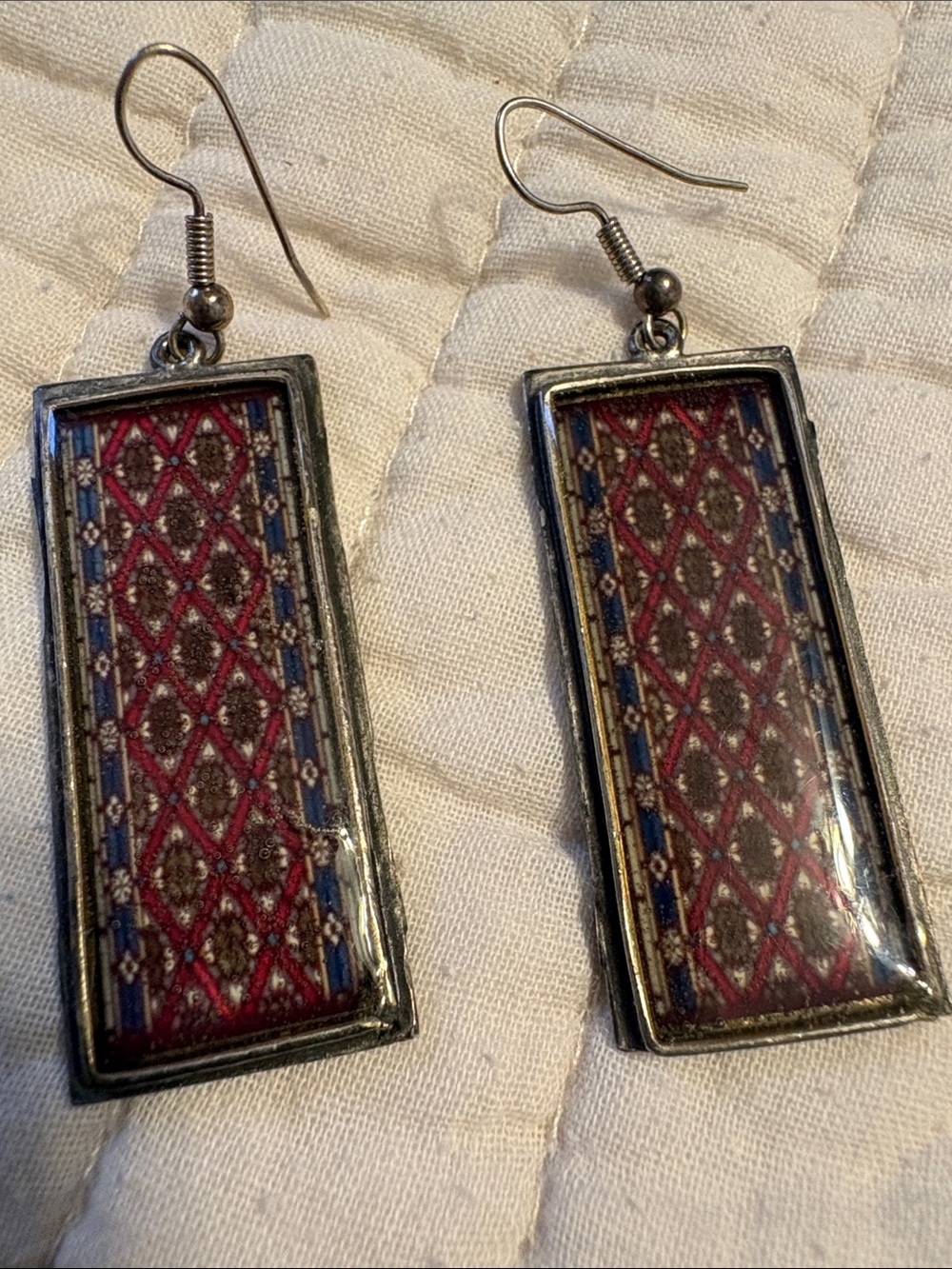 Rectangular Patterned Drop Earrings in Deep Red and Blue - Picture 2 of 5